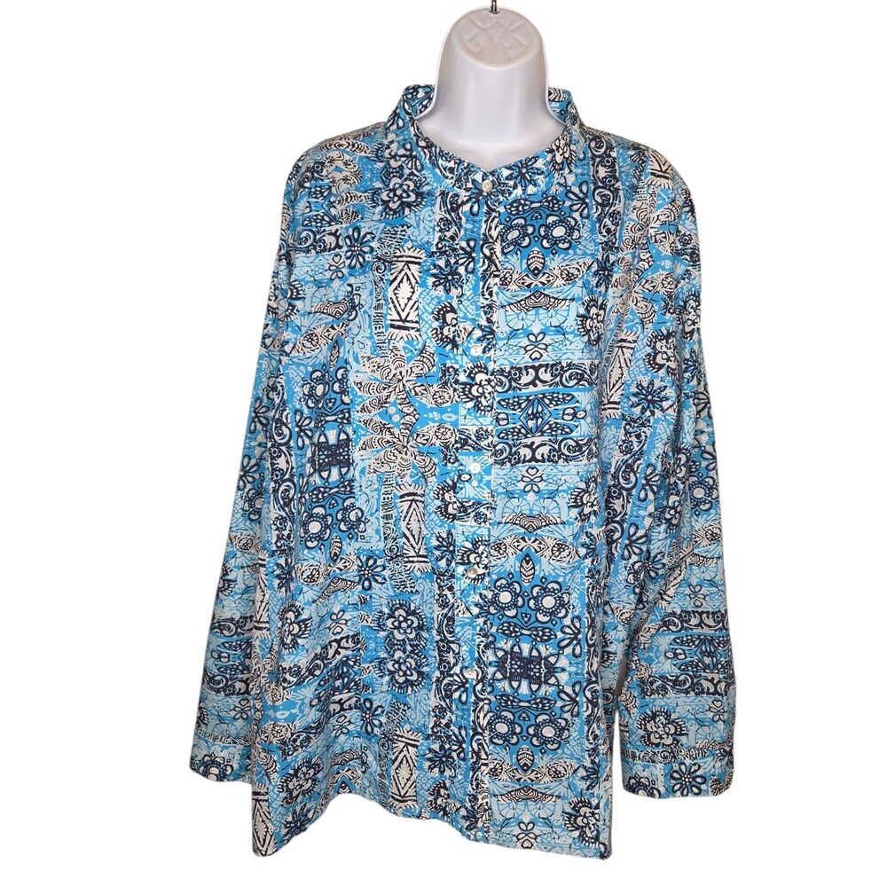 Palm Grove Woman 3X Blue Batik Floral Paisley Button Down Shirt Top Long Sleeve